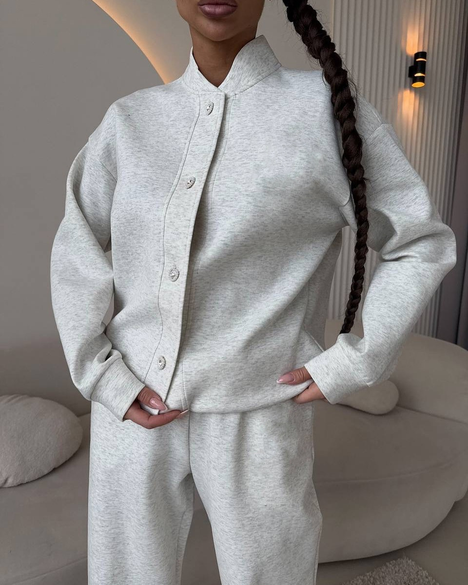 Women's Casual Two-Piece Set Button-Front Cardigan & Elastic Waist Wide-Leg Pants