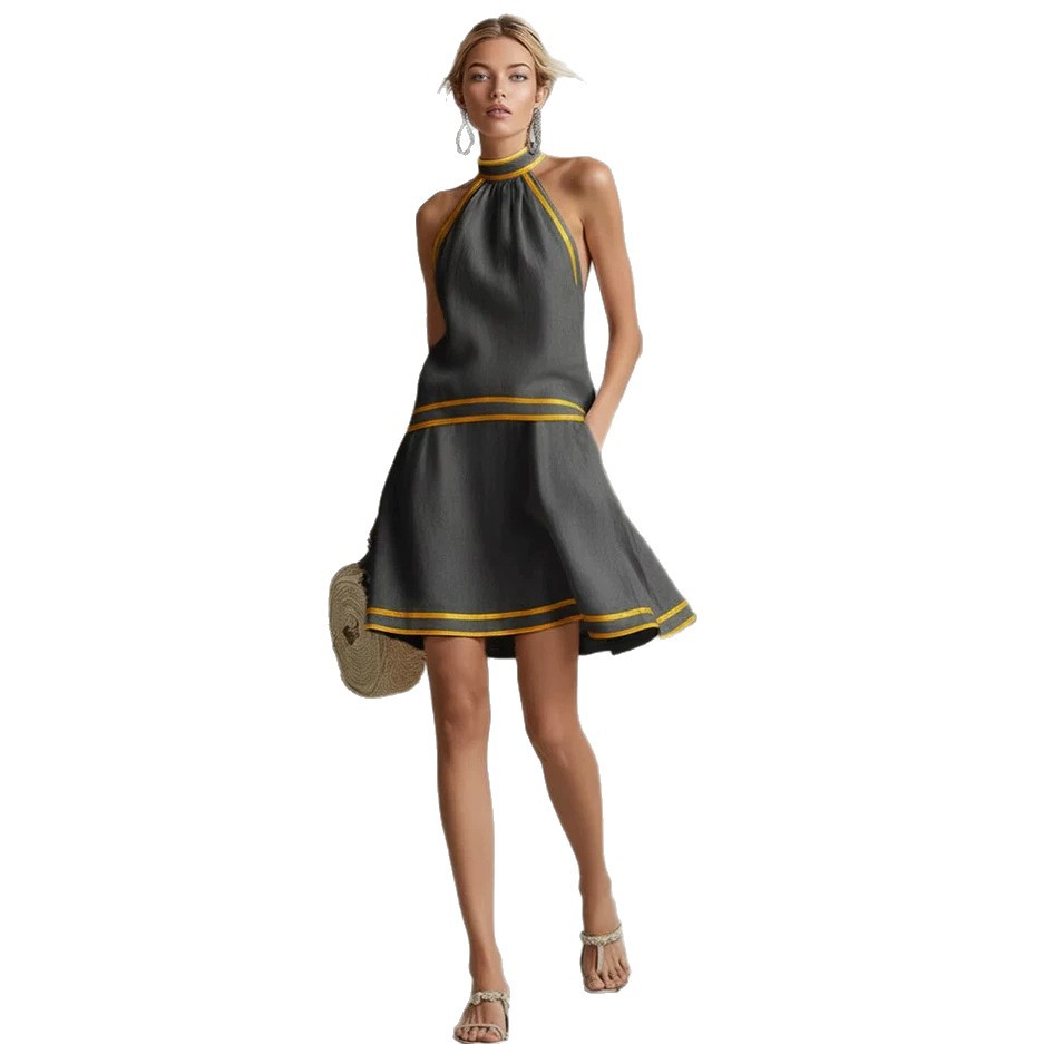 Women's Halter Neck Sleeveless A-Line Dress with Striped Trim