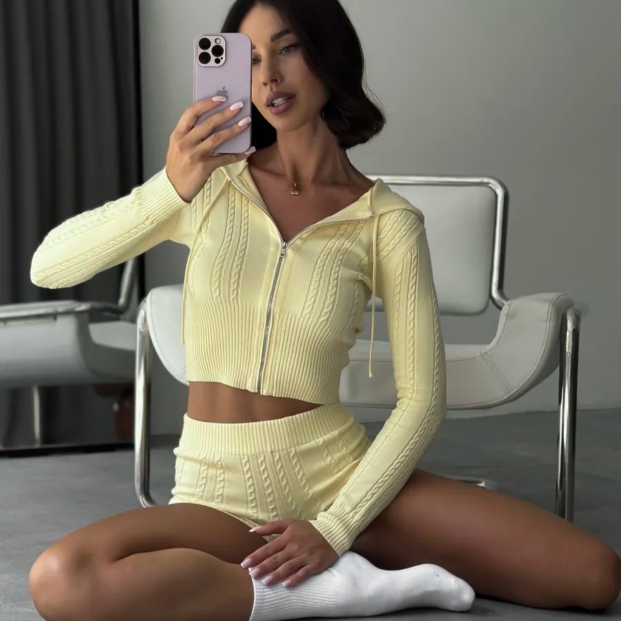 Cable-Knit Hooded Zip Cardigan & High-Waist Shorts Set