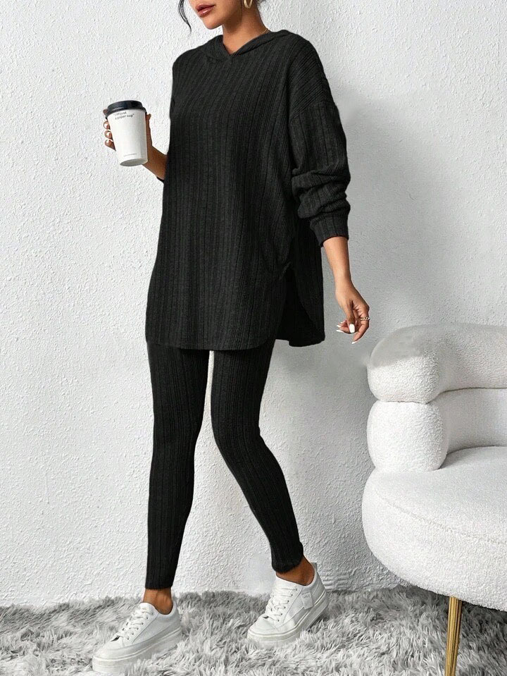 Ribbed Knit Hooded Long Sleeve Lounge Set
