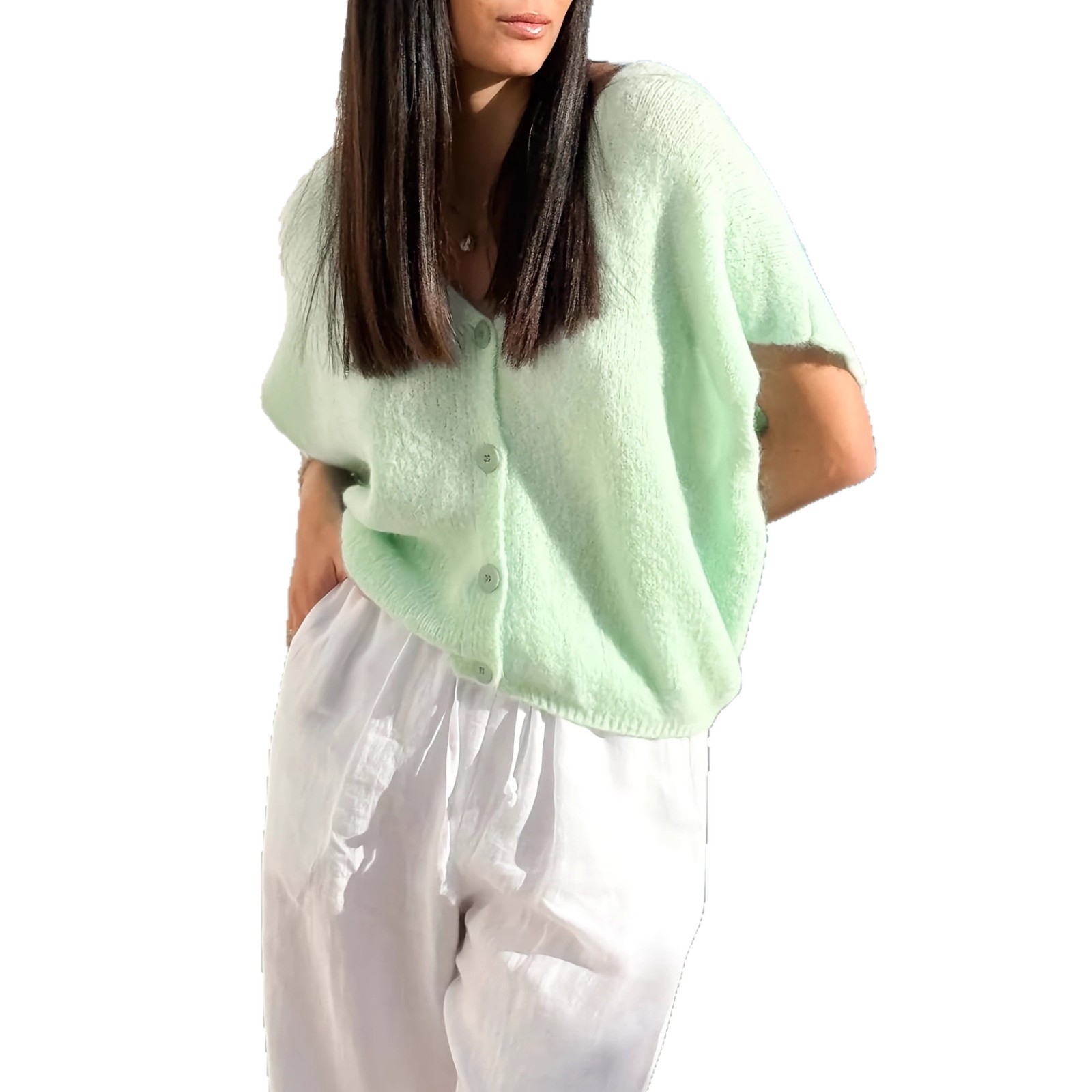 Women's V-Neck Button Knit Cardigan Loose Fit Top