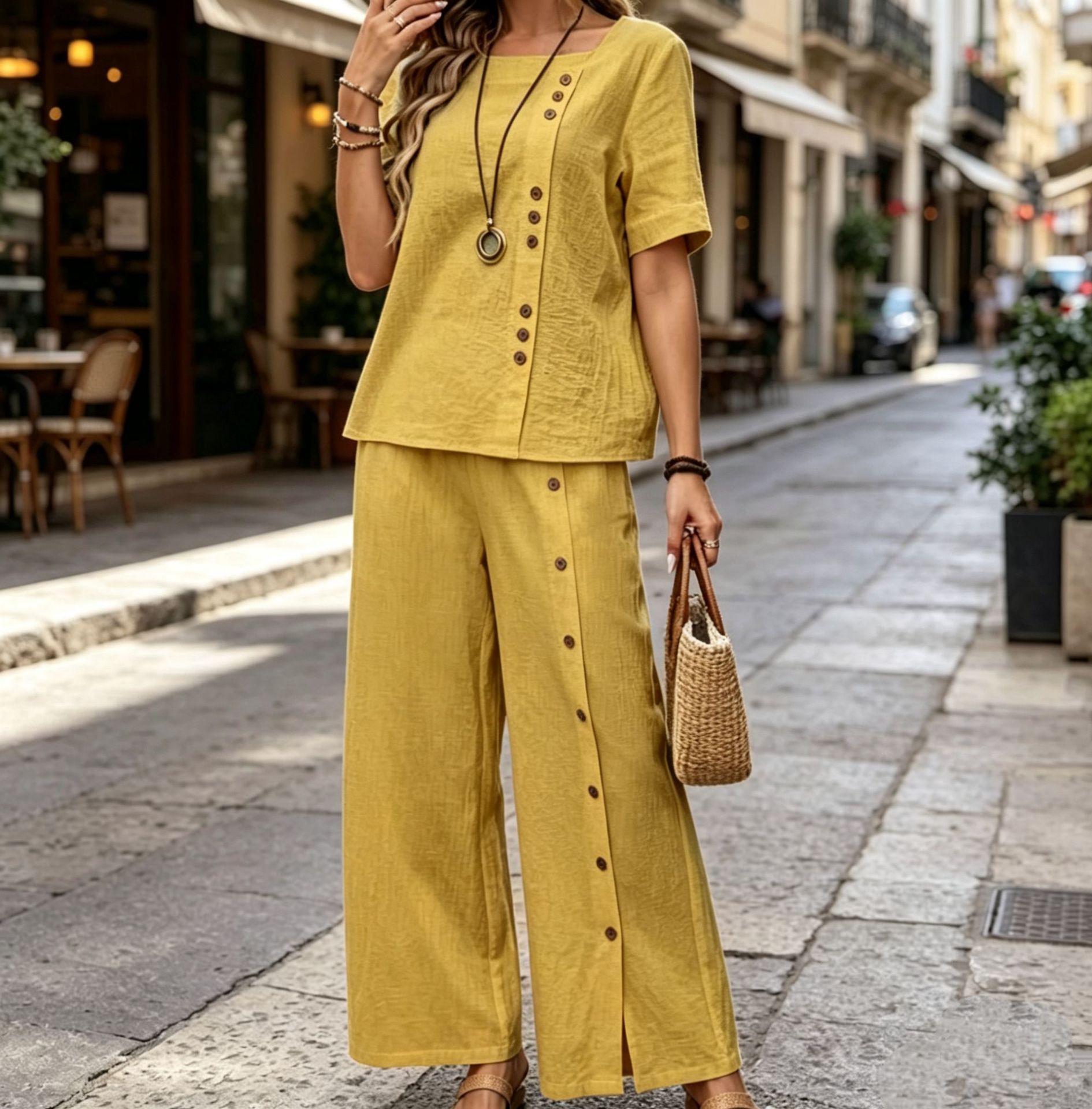 Cotton-Linen Two-Piece Set Short-Sleeve Button Top & Wide-Leg Pants