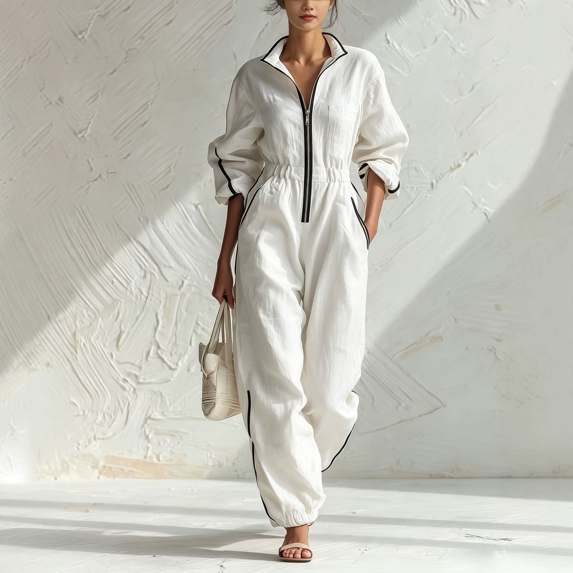 Women's Linen-Blend Zip-Front Jumpsuit with Contrast Trim and Elastic Waist