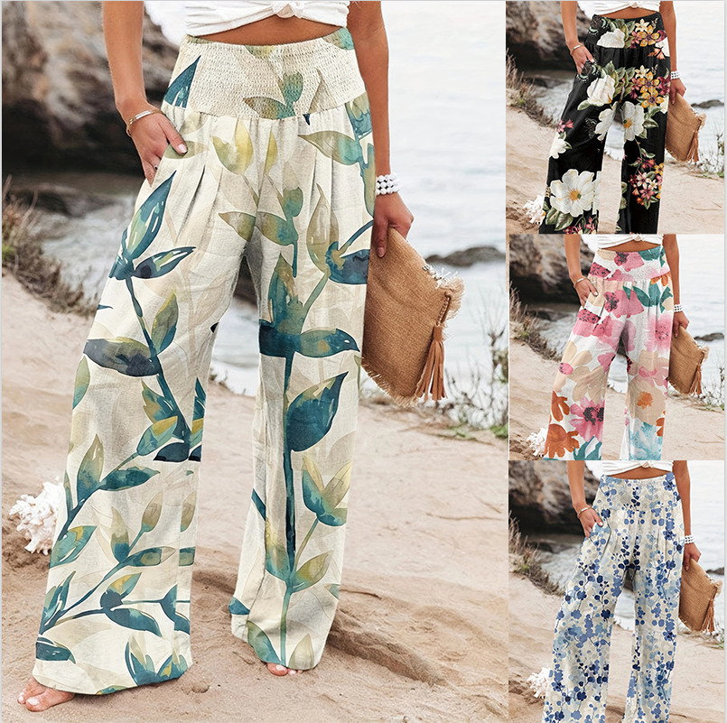 Women's Wide-Leg Printed Casual Pants High Waist Loose Fit