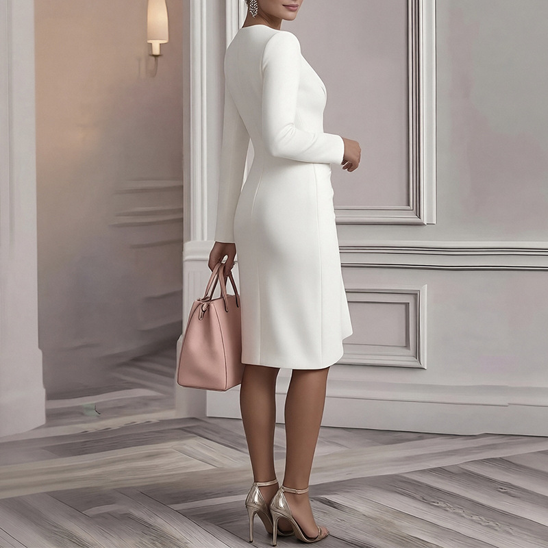 Elegant French-Style Solid Color Midi Dress with V-Neck and Long Sleeves