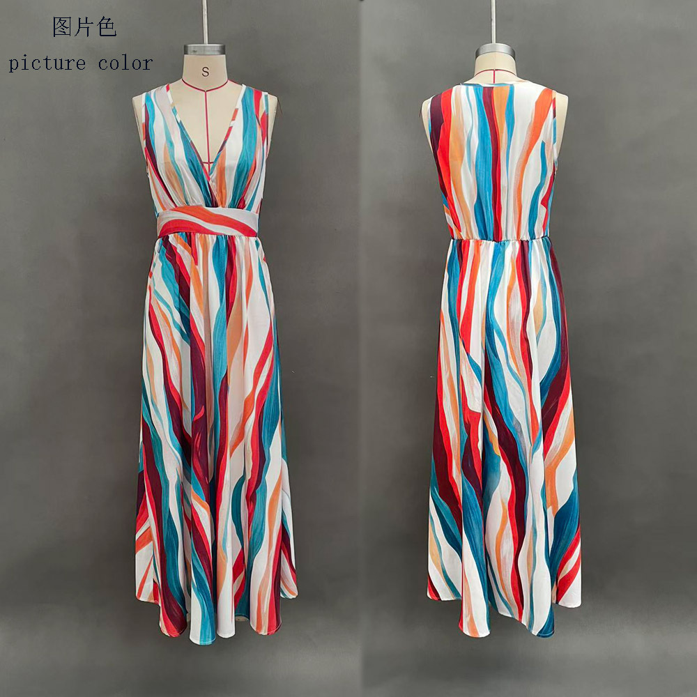 Wave Striped Sleeveless Deep V-Neck Off-Shoulder Long Dress