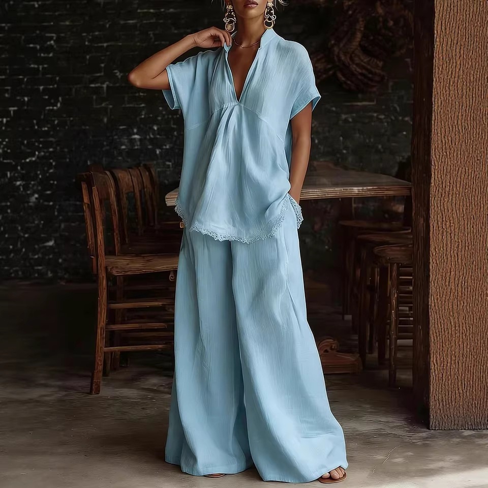 Women's Linen-Blend Short-Sleeve Shirt & Wide-Leg Pants Two-Piece Set