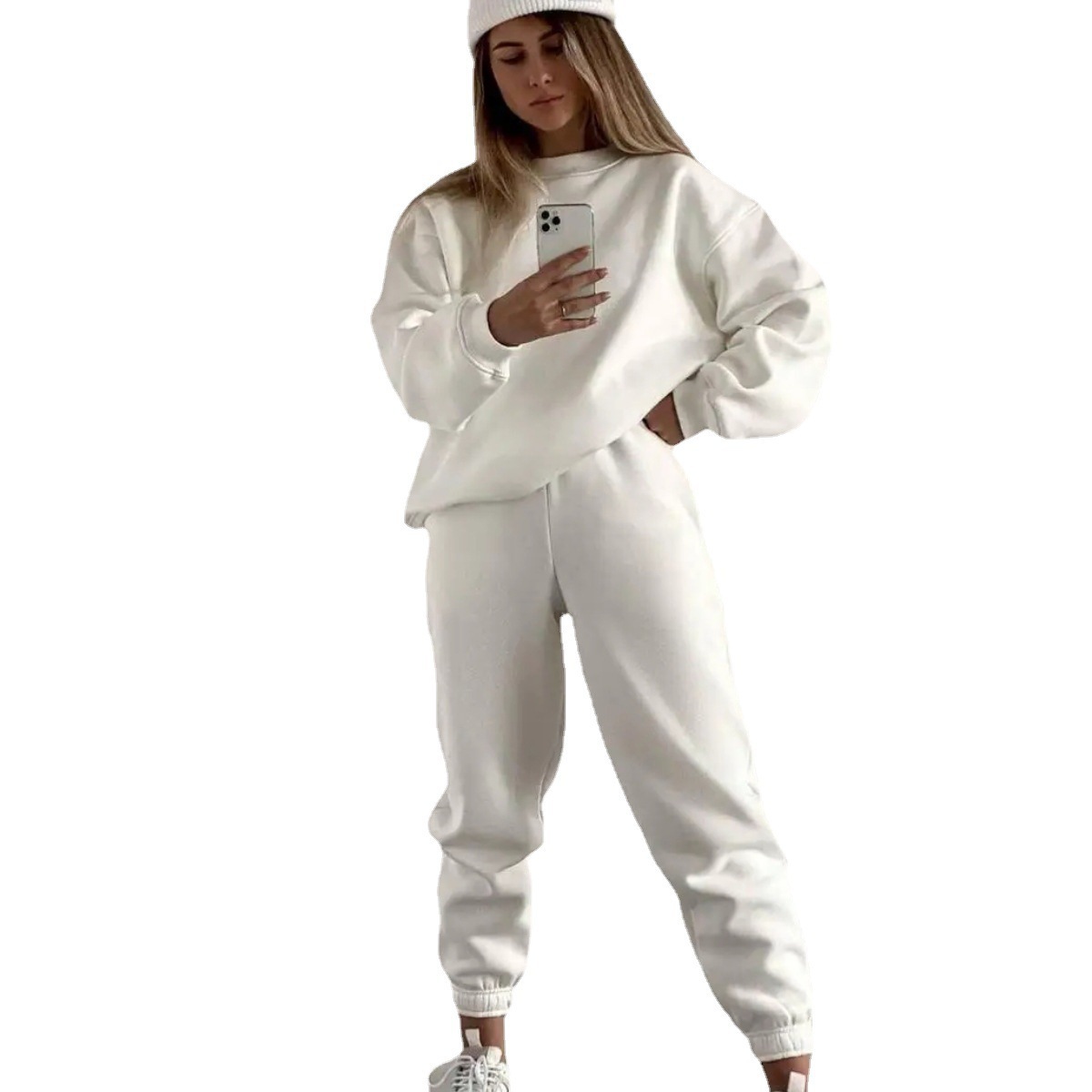Women's Solid Color Crewneck Sweatshirt and Pants Two-Piece Set