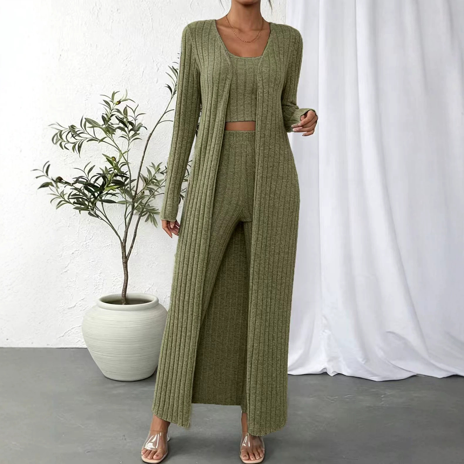 Minimalist Solid Knit 3-Piece Lounge Set with Cardigan