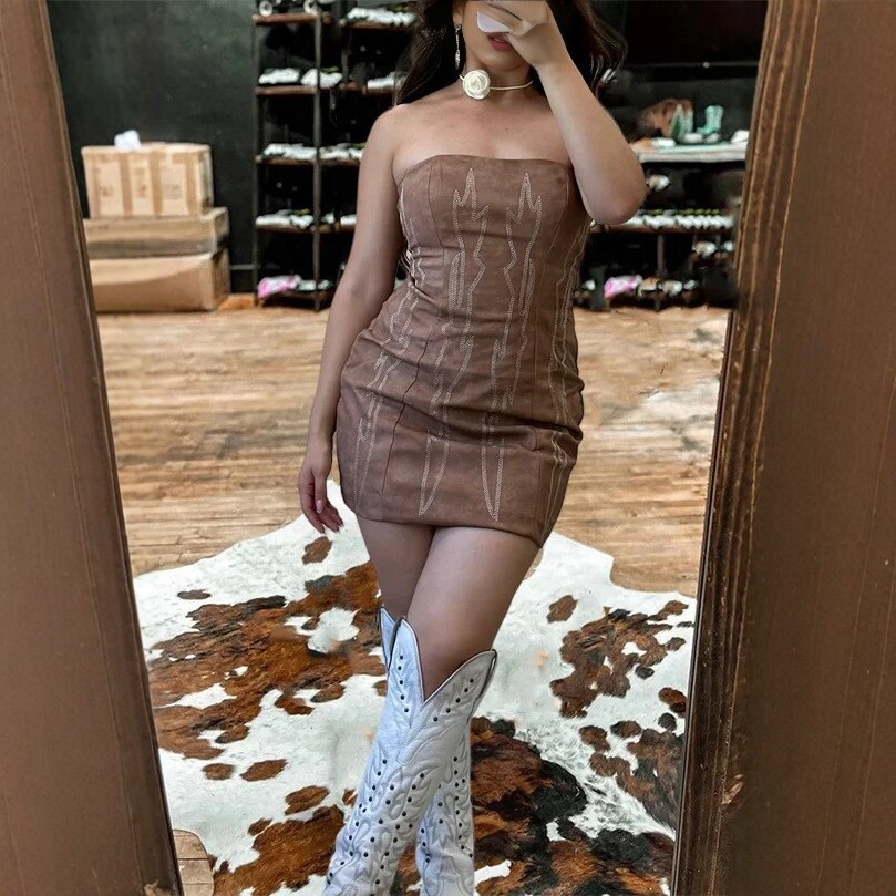 Faux Denim Print Strapless Bodycon Mini Dress
