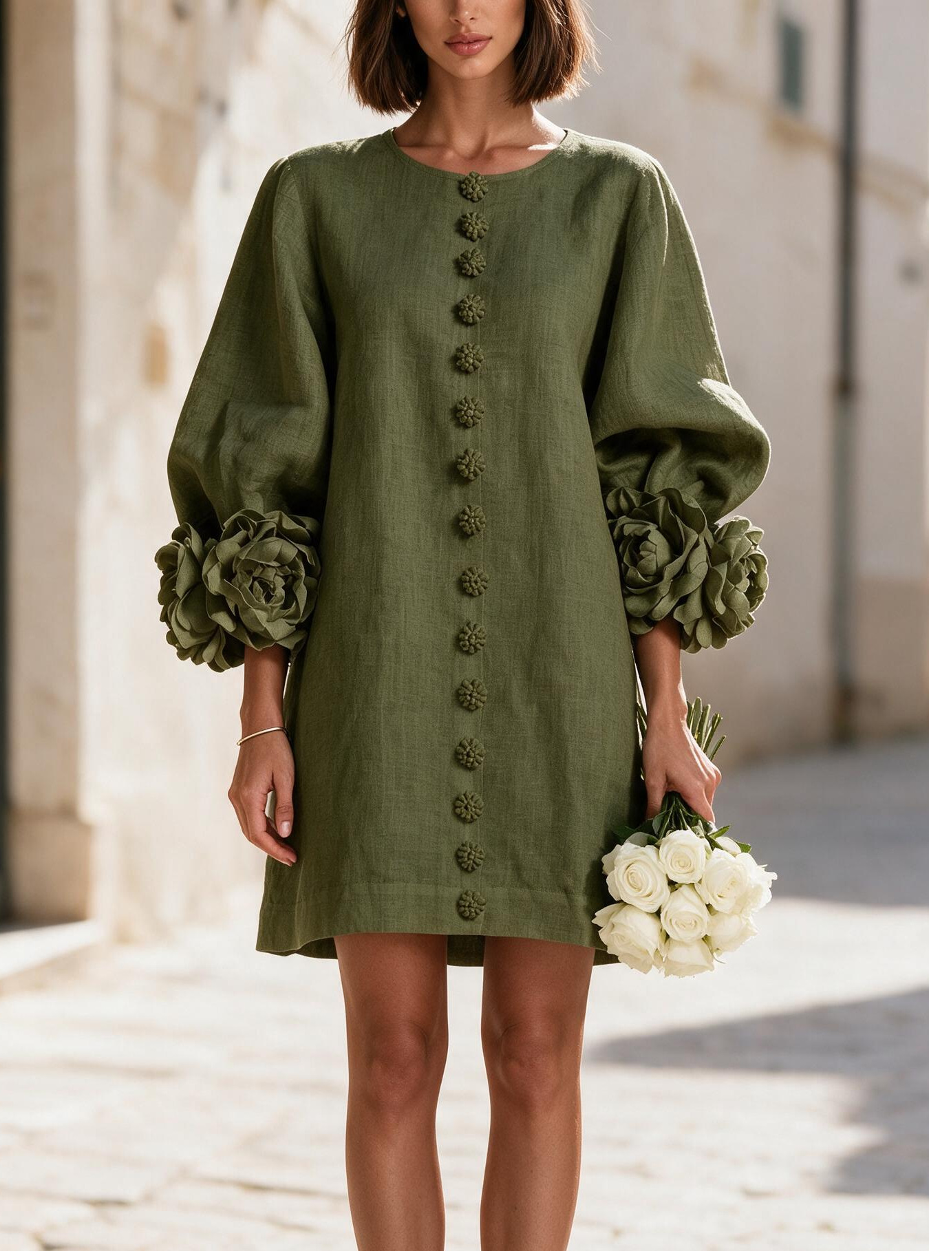 French 3D Floral Lantern Sleeve Dress