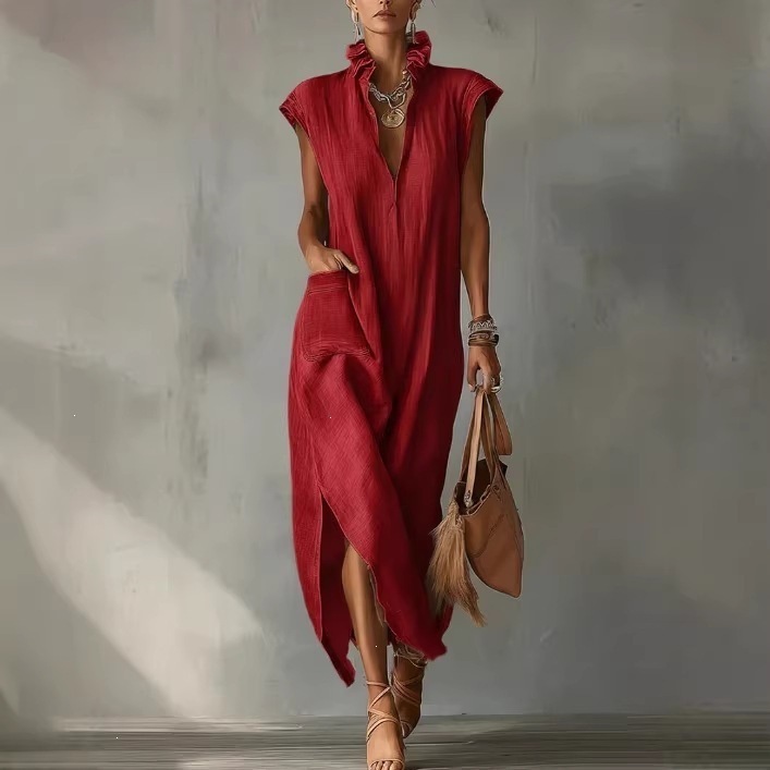 Women's Summer Sleeveless V-Neck Cotton-Linen Dress Loose A-Line Midi