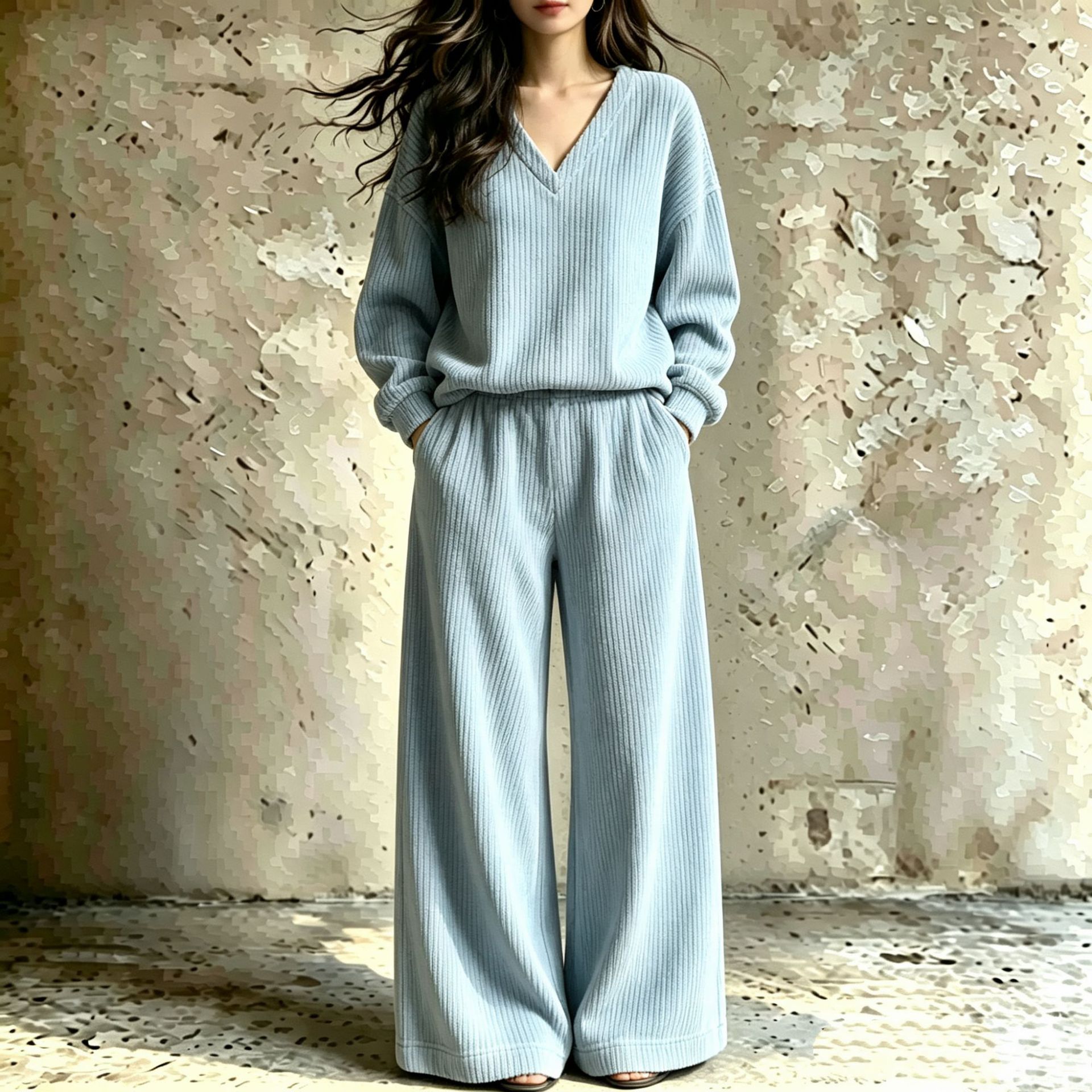 Women's V-Neck Ribbed Knit Two-Piece Lounge Set Long Sleeve Top and Pants