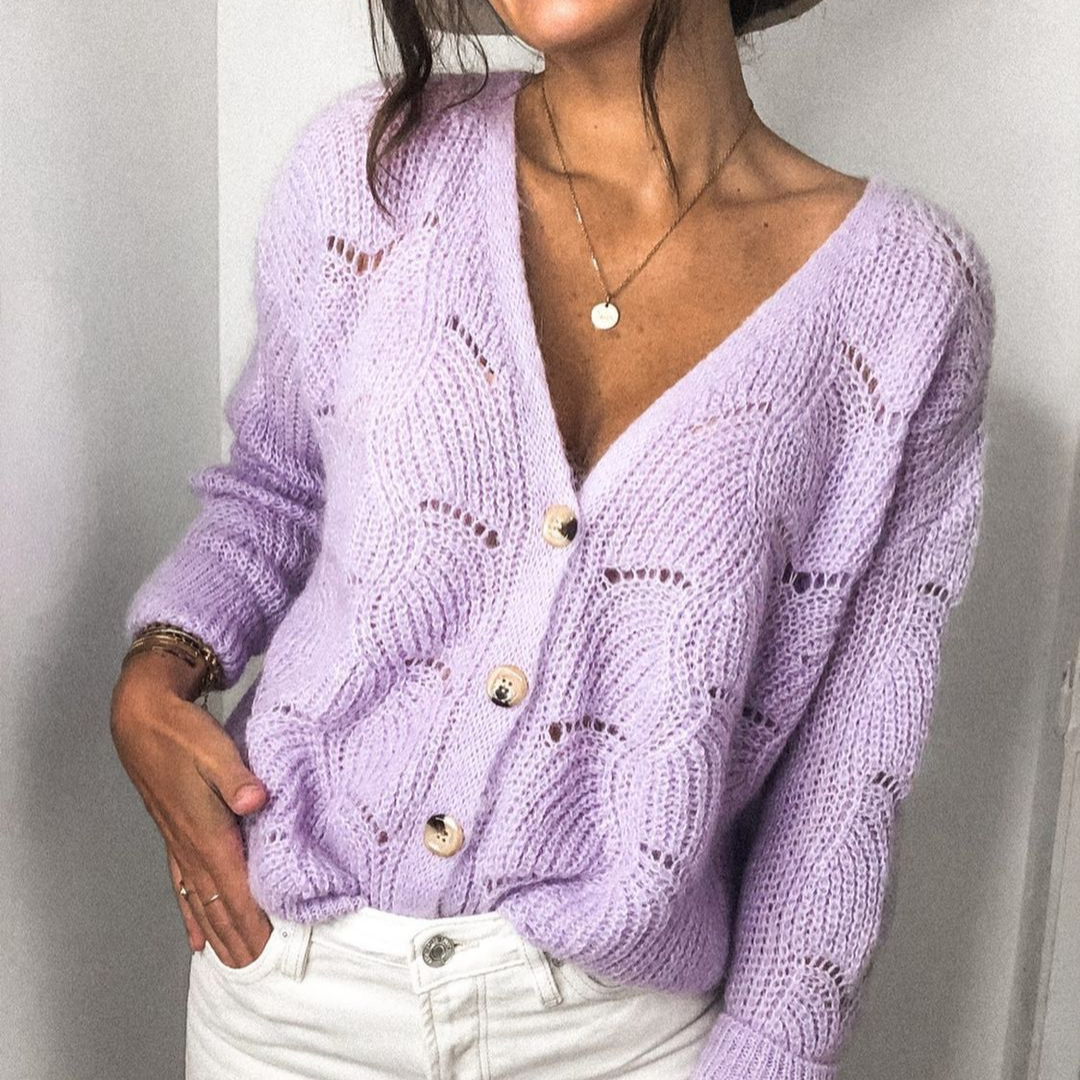 Purple Button-Front Knit Cardigan, Mid-Length Crew Neck