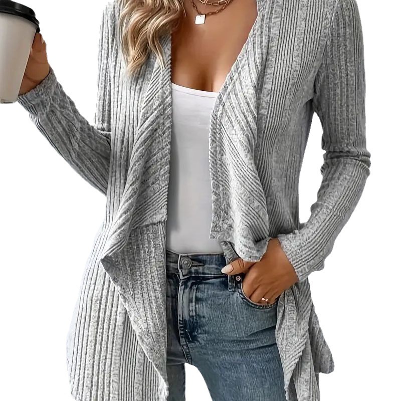 V-Neck Ribbed Knit Cardigan with Asymmetrical Hem