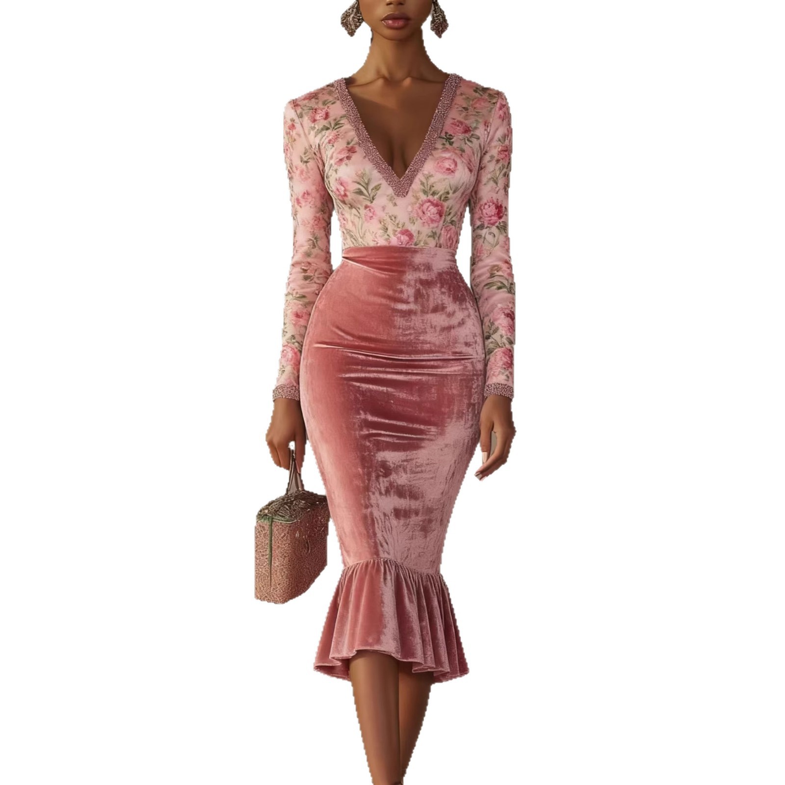 New Chinese Style Velvet Bodycon Midi Dress with Cutout