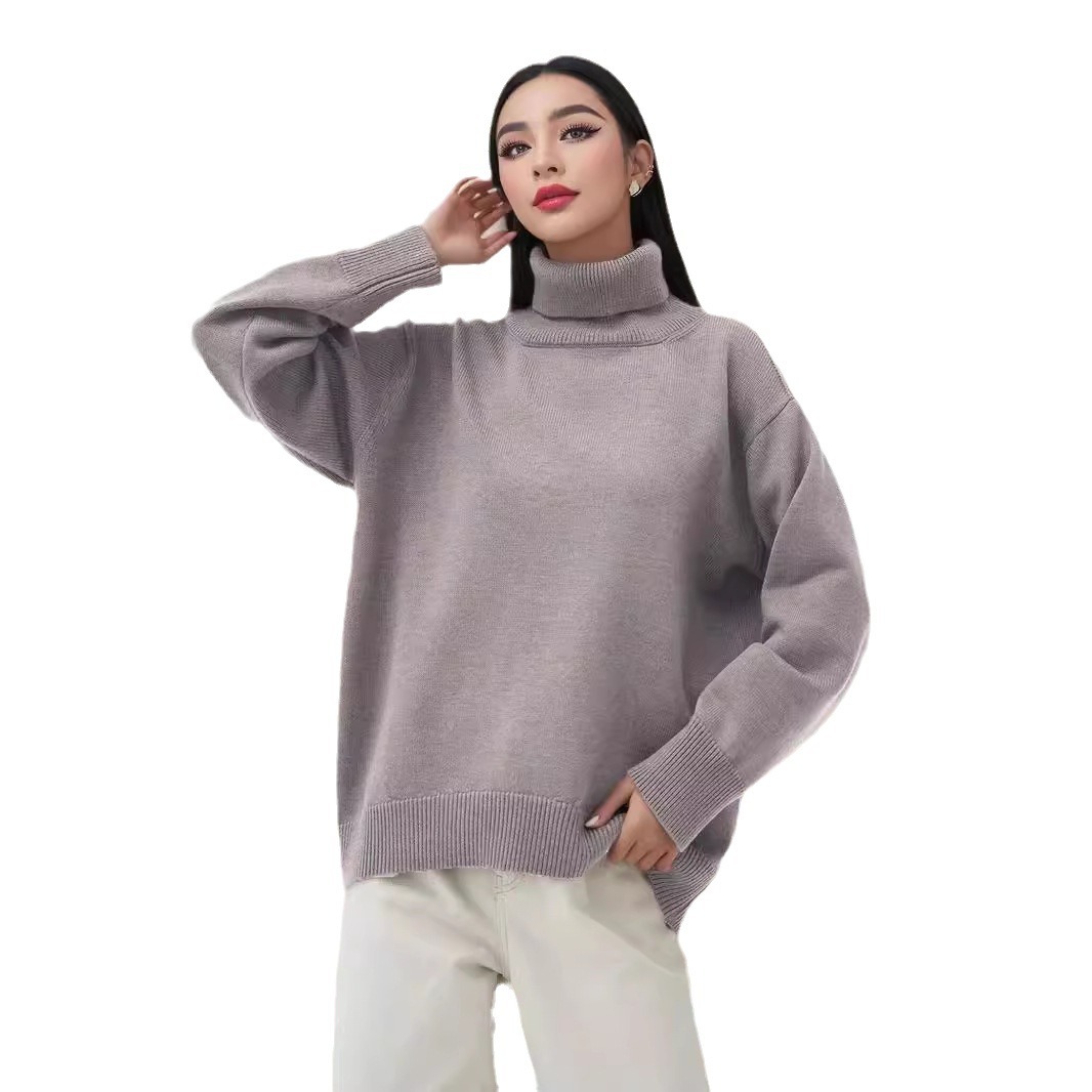 Women's Multi-Color Ribbed Turtleneck Knit Sweater Loose Lazy Style