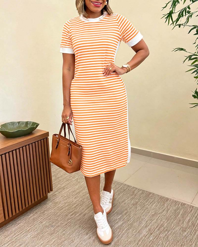 Women's Striped Round Neck Slit Casual Dress
