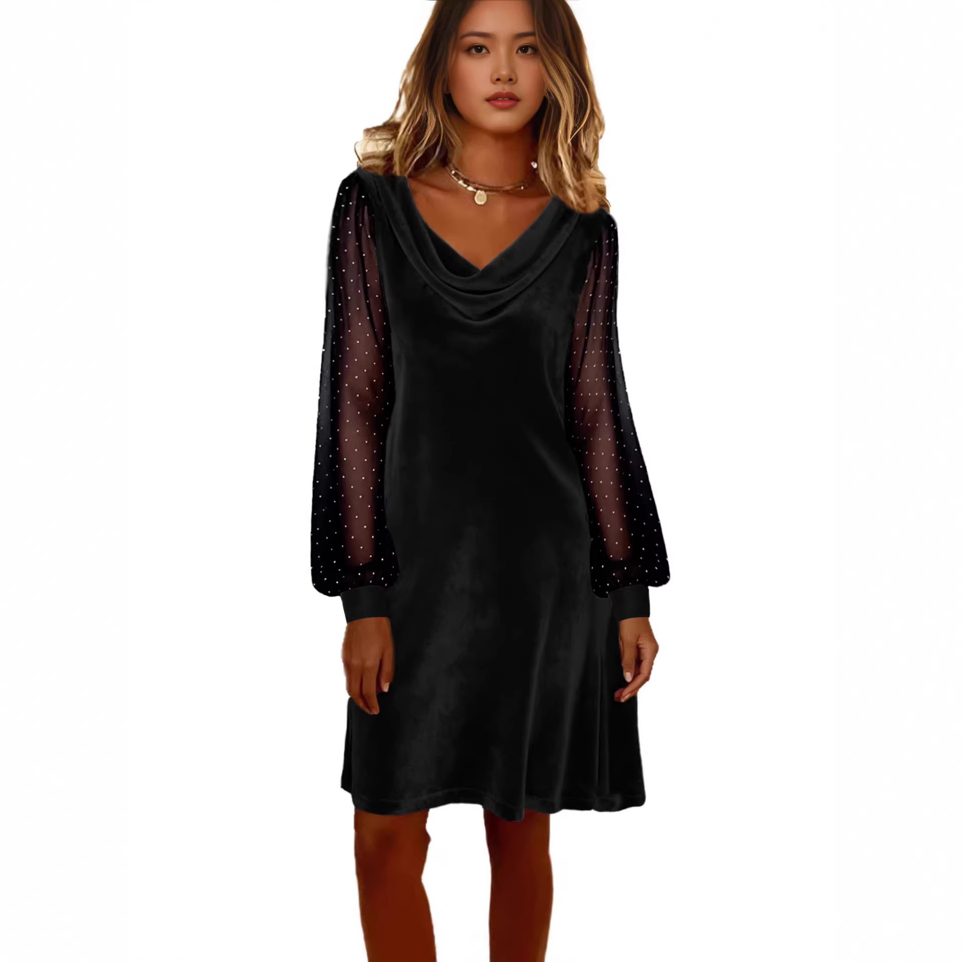Women's Solid V-Neck Mesh A-Line Midi Dress with Sequin Detail