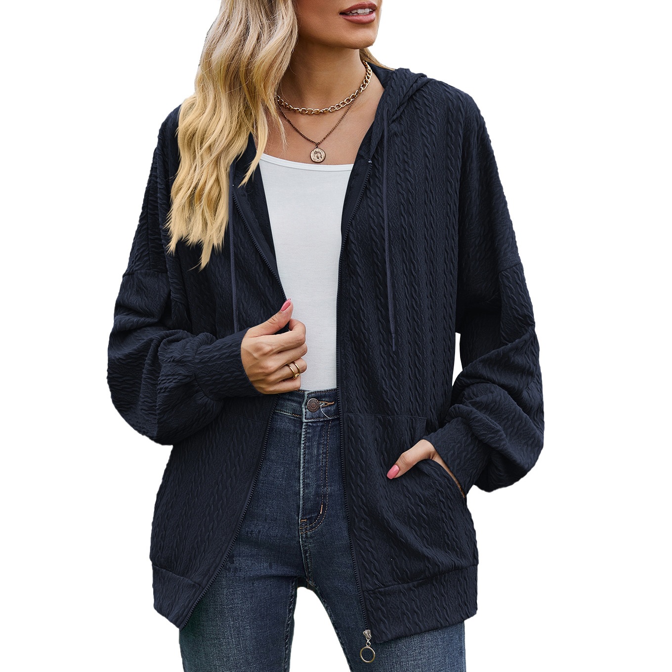 Women's Crinkled Textured Hooded Zip-Up Loose Fit Long Sleeve Cardigan Sweatshirt