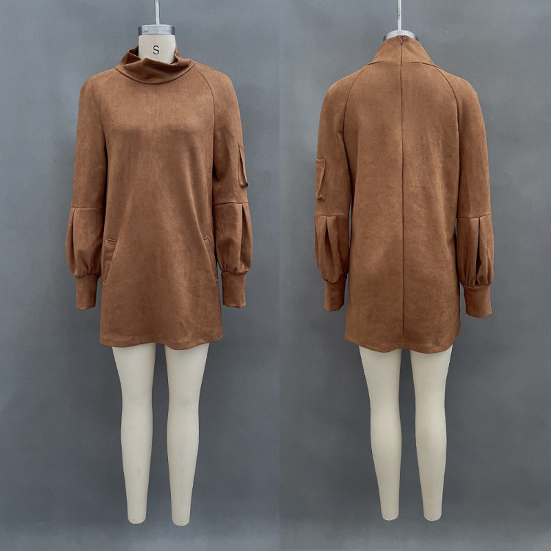 Faux Suede High Neck Long Sleeve Dress