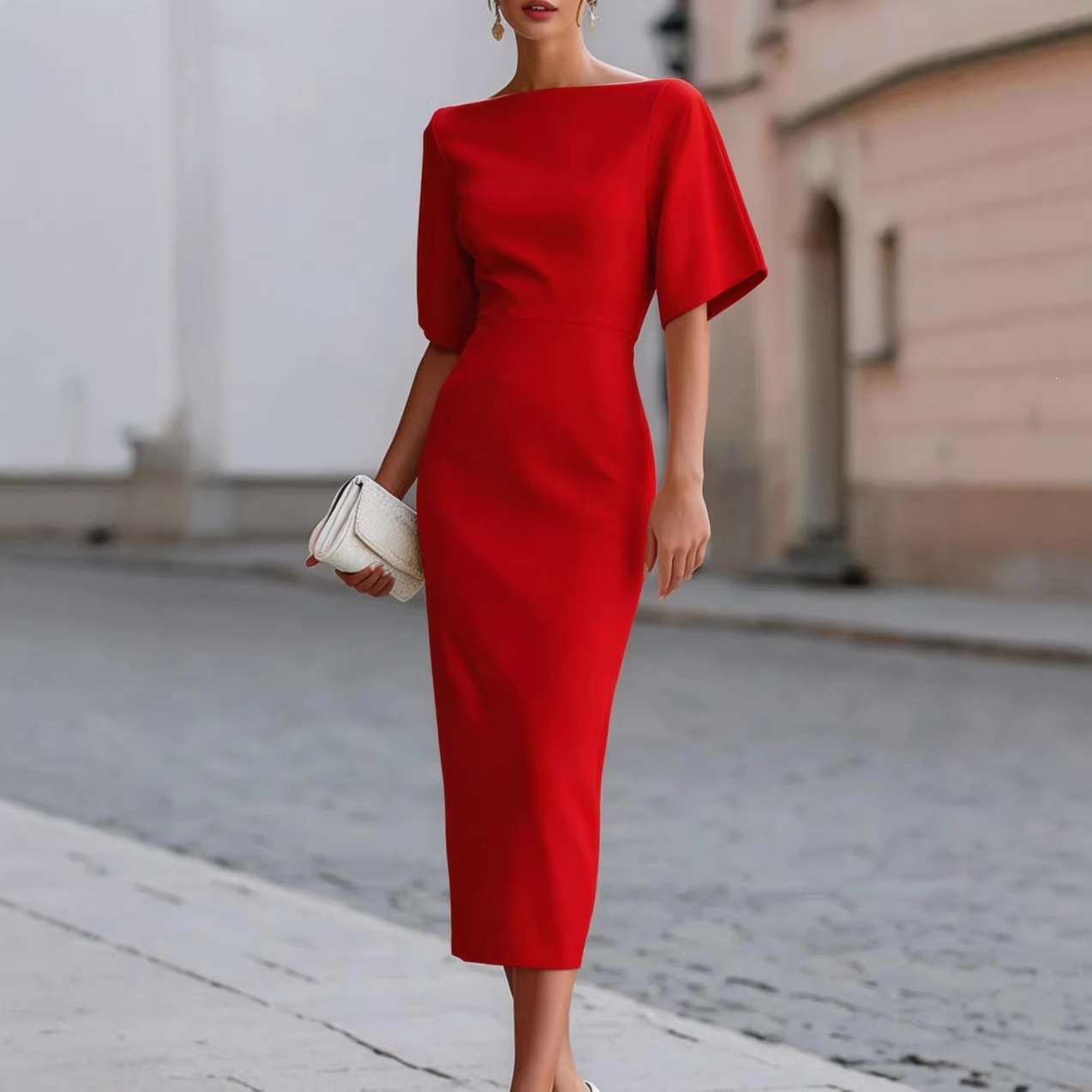 Elegant Slimming Waist Midi Solid Color Dress for Women