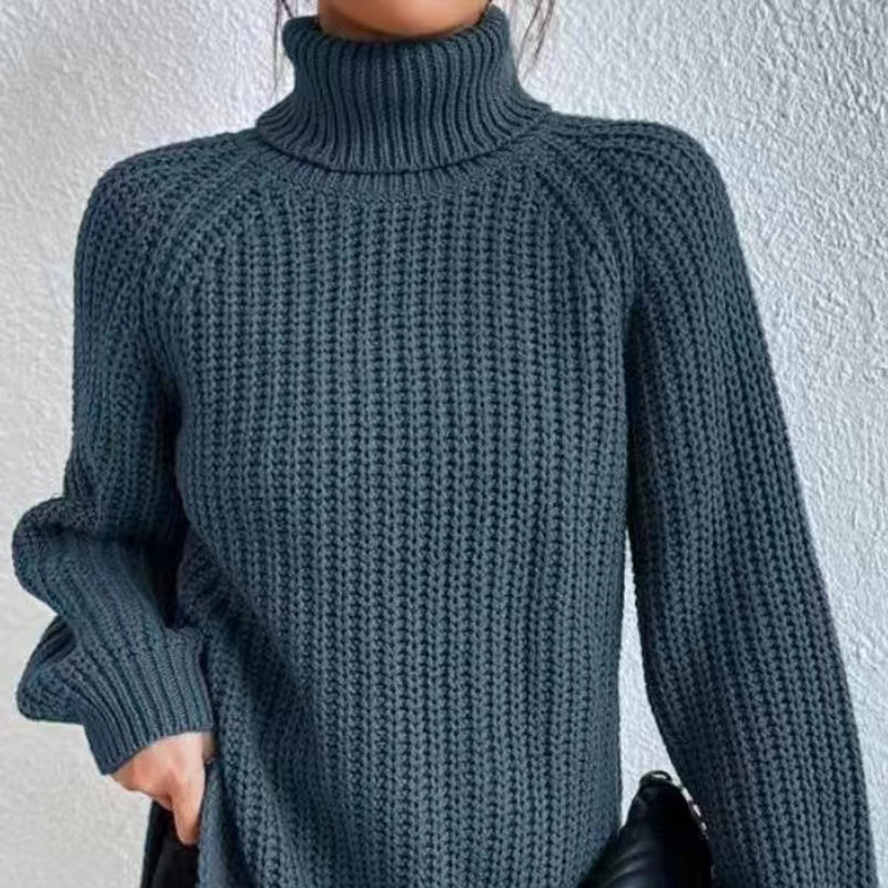 Women's High Neck Midi Knit Sweater with Raglan Sleeves and Side Slit