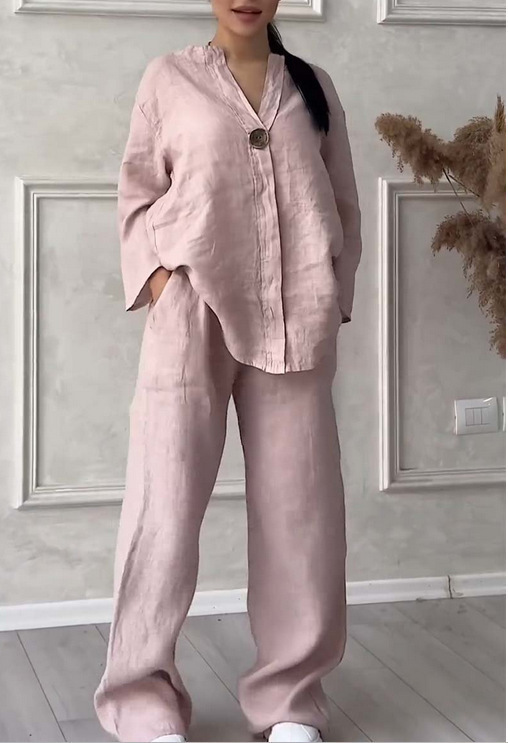 Women's Solid Color Cotton-Linen Casual Pant Set Long Sleeve