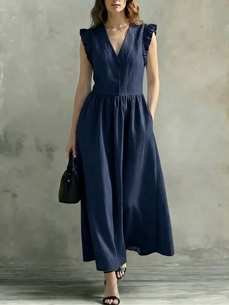 Women's Summer Ruffle Sleeve Solid Color Waist-Cinching Short Dress