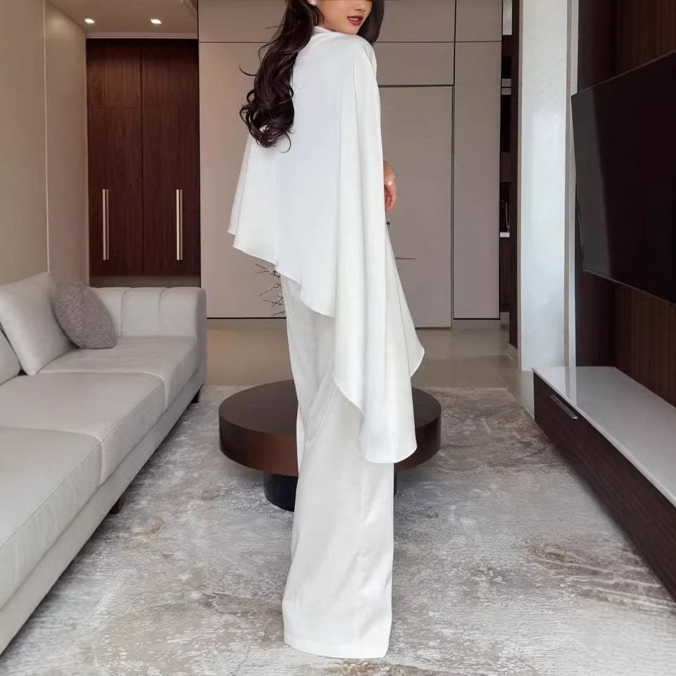 Satin Draped Two-Piece Set with Shawl Top and Wide-Leg Pants