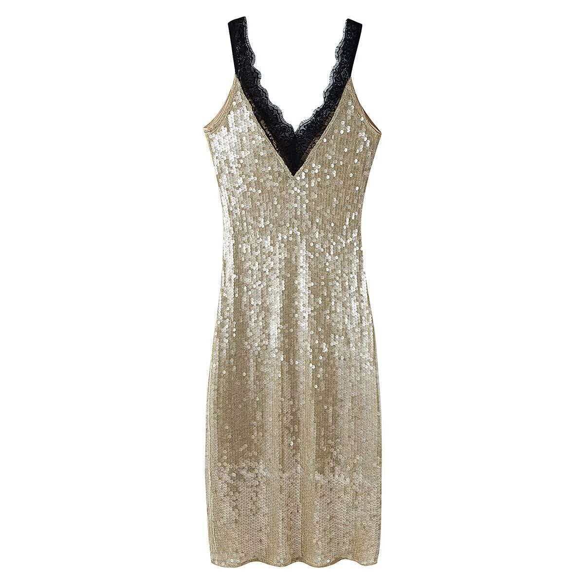 Shimmering Gold Sequin Cami Dress with Mesh Panel