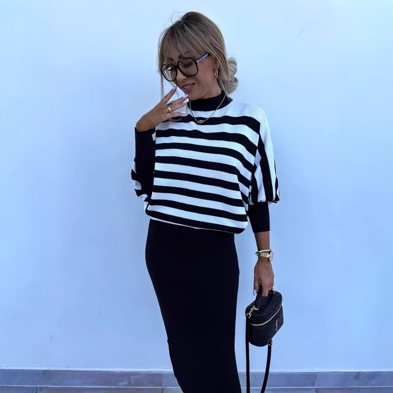 Striped Long-Sleeve Knit Two-Piece Dress Set