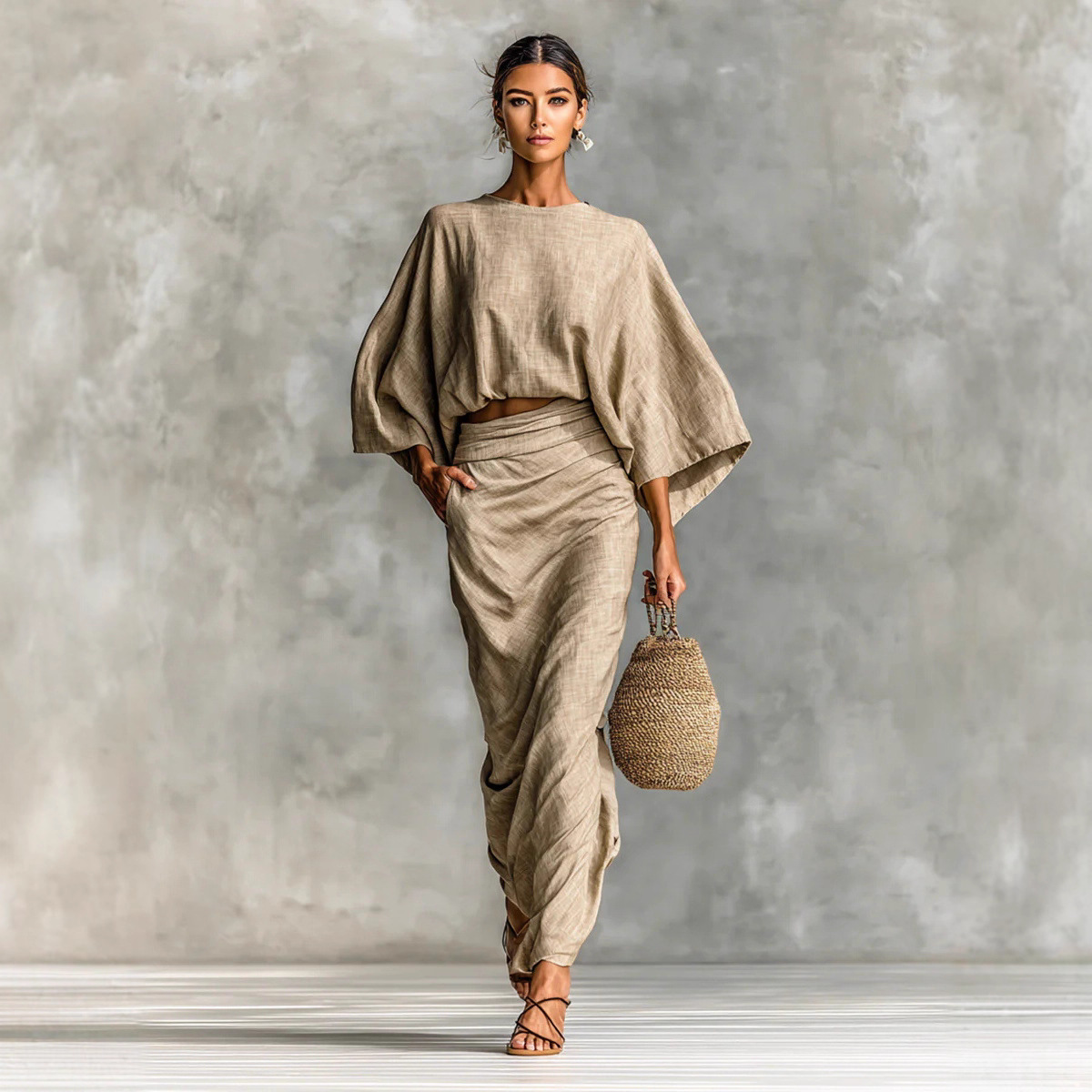 Women's Cotton-Linen Batwing Sleeve Top and Back-Slit Long Skirt Set