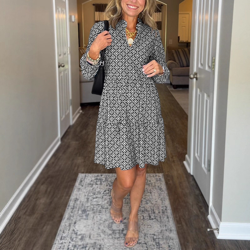 V-Neck Three-Quarter Sleeve Diamond Print A-Line Dress