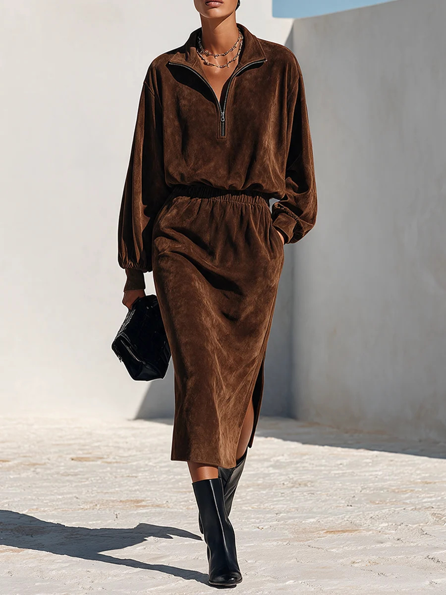 Women's Half-Zip Stand Collar Sweatshirt and Skirt Two-Piece Set
