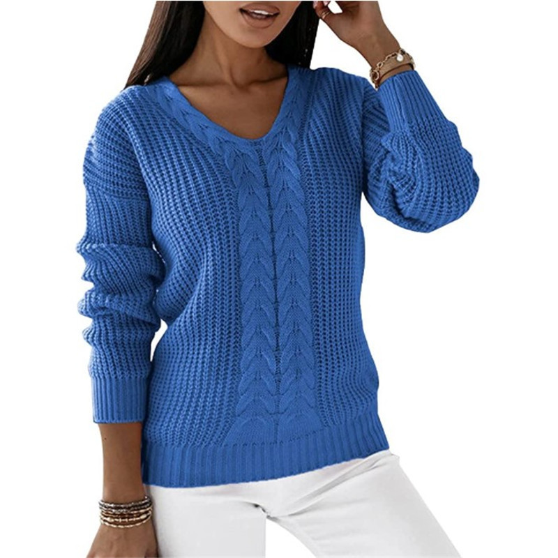 Women's V-Neck Cable Knit Pullover Sweater Long Sleeve Solid Color