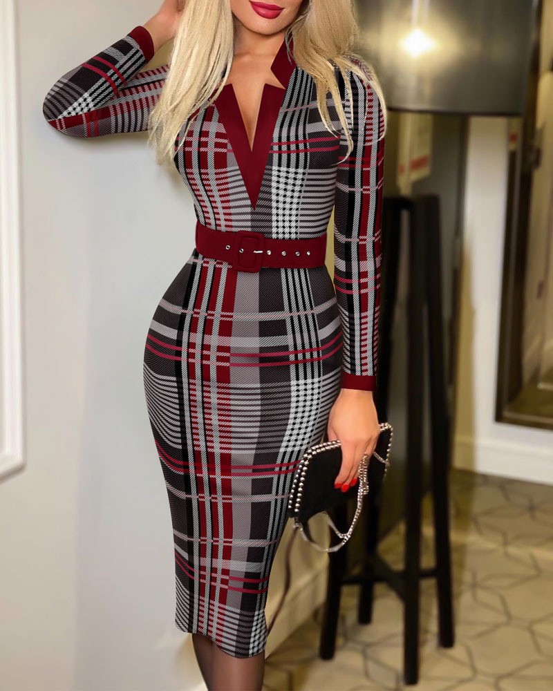 Plaid V-Neck Bodycon Long Sleeve Dress with Belt