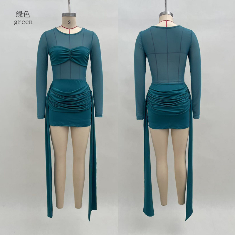 Women's Sheer Mesh Spliced Long Sleeve Tie-Neck Mini Dress