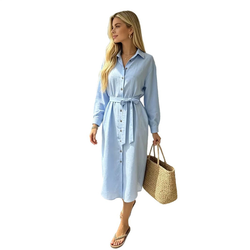 Elegant Long Sleeve Collared Button-Front Midi Shirt Dress