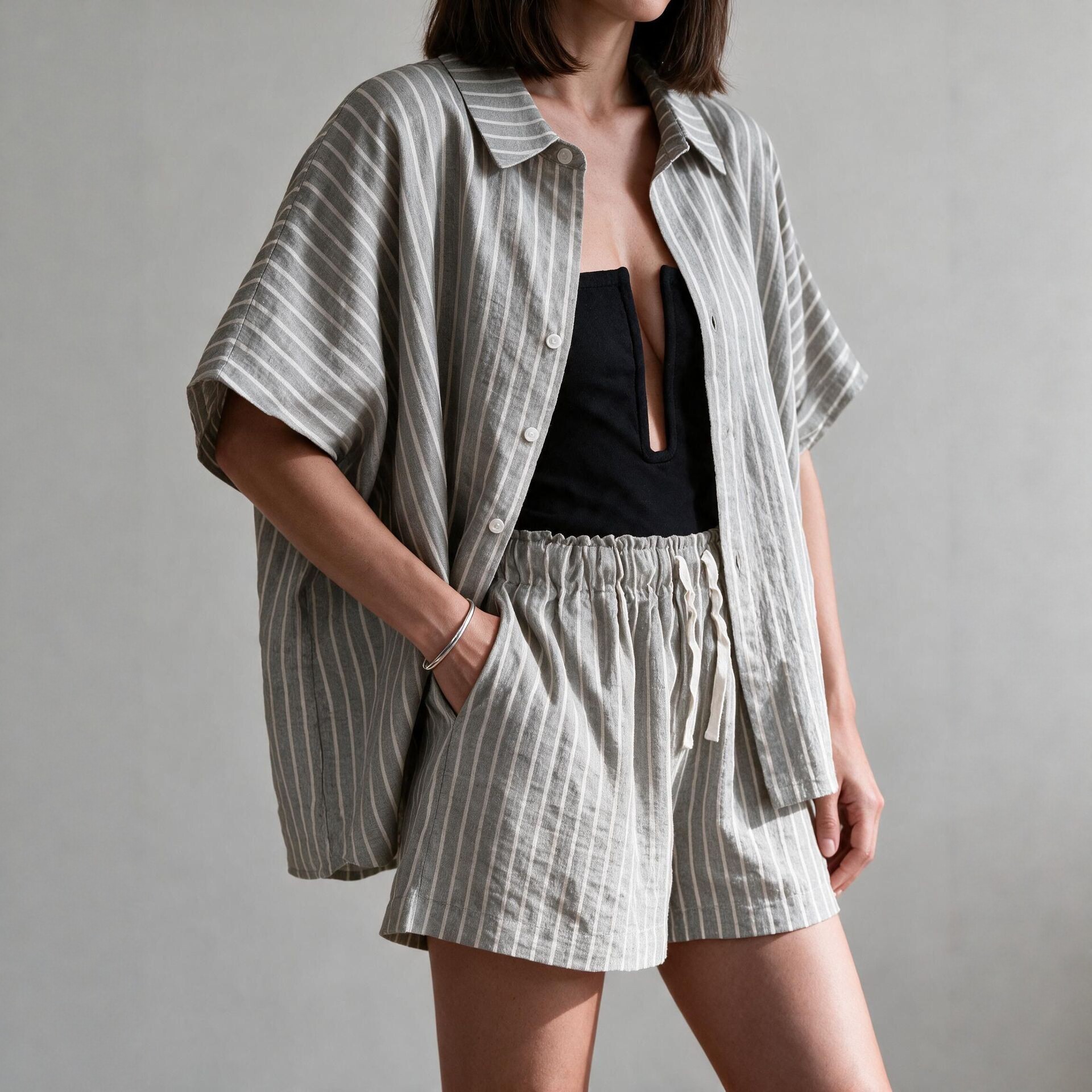 Striped Short Sleeve Shirt and Pocket Shorts Casual Two-Piece Set