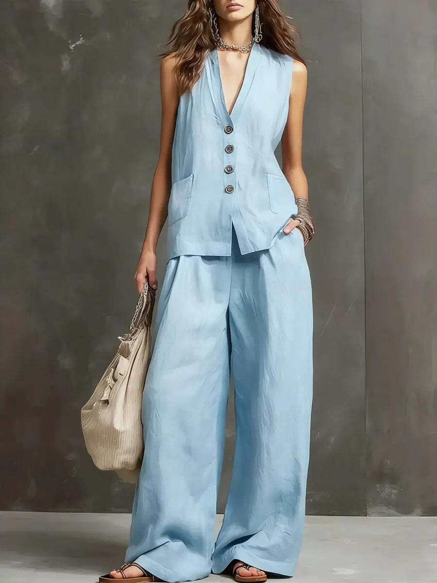 Women's V-Neck Button Vest & Wide-Leg Pants Cotton Blend Set