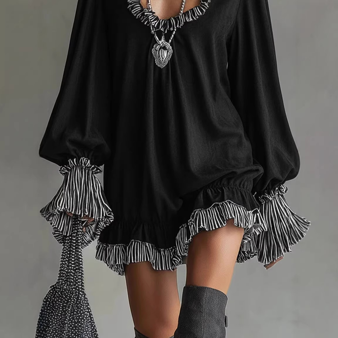 Black Ruffled V-Neck Short Dress