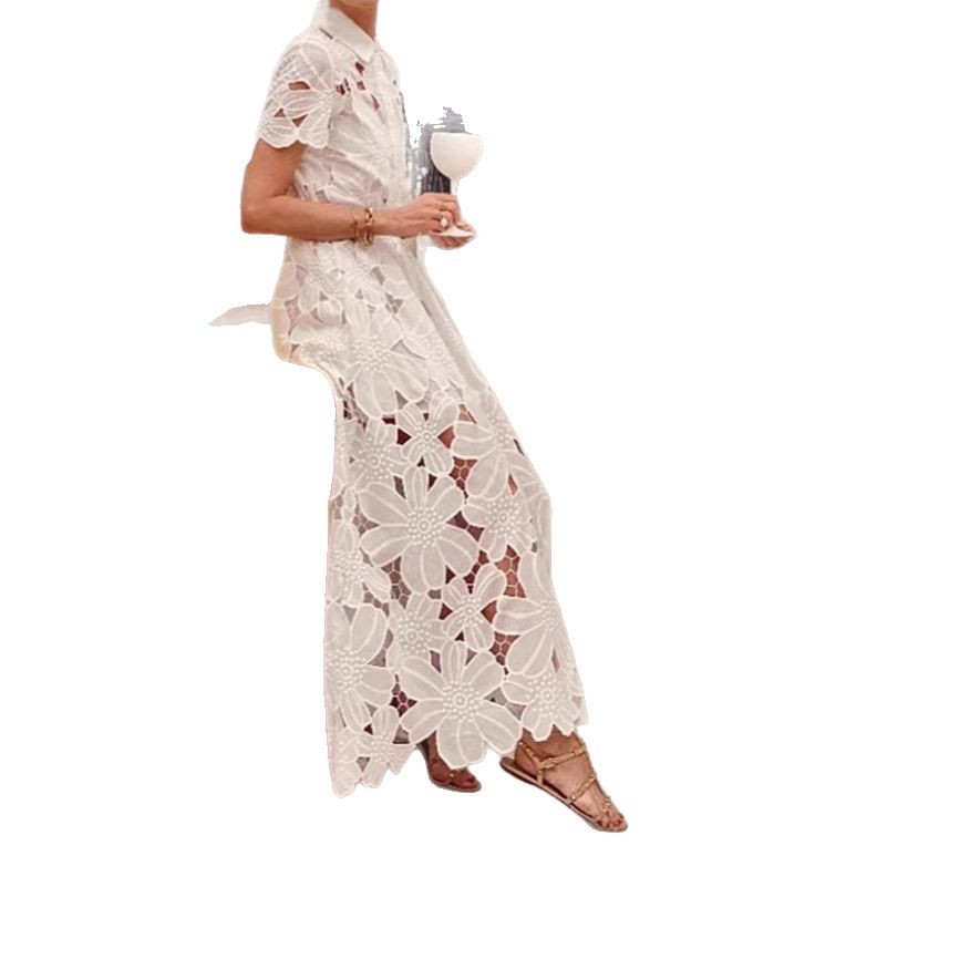 Women's Lace Cardigan Dress Solid Color Single-Breasted Shirt Dress
