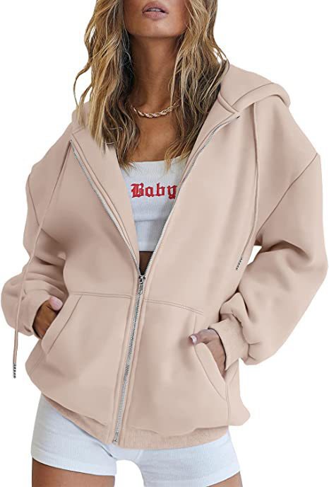Women's Minimalist Solid Print Zip-Up Hoodie