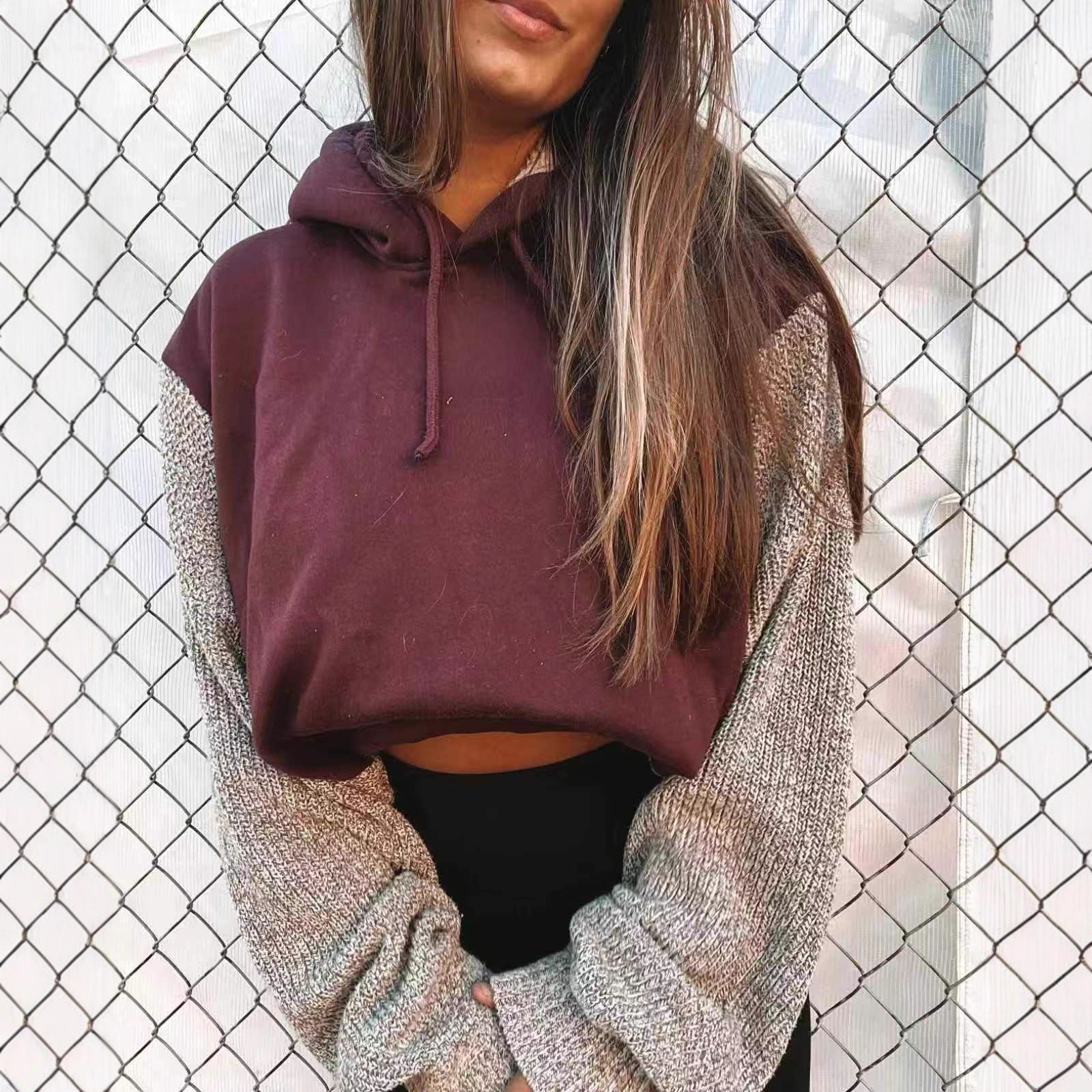 Women's Color-Block Hooded Long-Sleeve Knit Cropped Sweatshirt