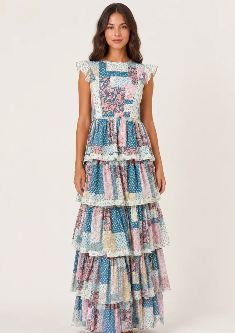 Printed Round Neck Sleeveless Plaid Spliced Tiered Maxi Dress