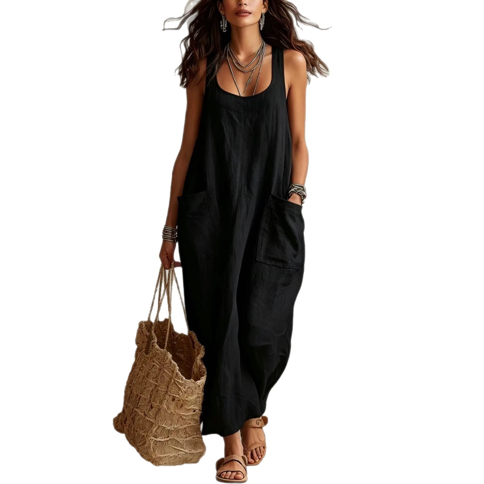 Women's Cotton-Linen Sleeveless A-Line Maxi Dress with Pockets