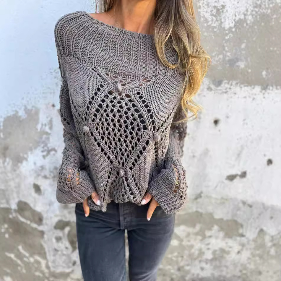 Women's Casual Loose Hollow-Out Crewneck Knit Sweater