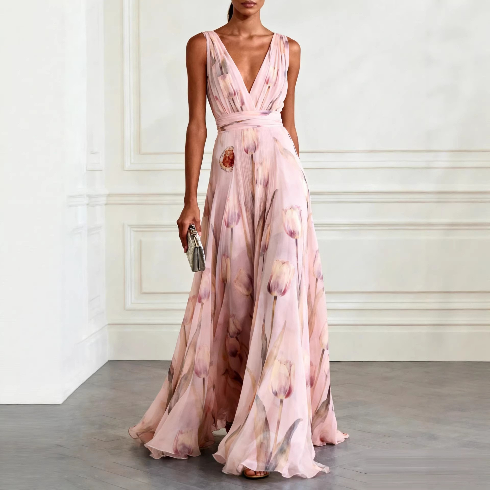 Women's Floral Print V-Neck Evening Dress Sleeveless High Waist A-Line Long Gown