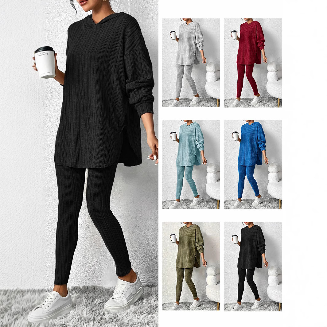 Ribbed Knit Hooded Long Sleeve Lounge Set